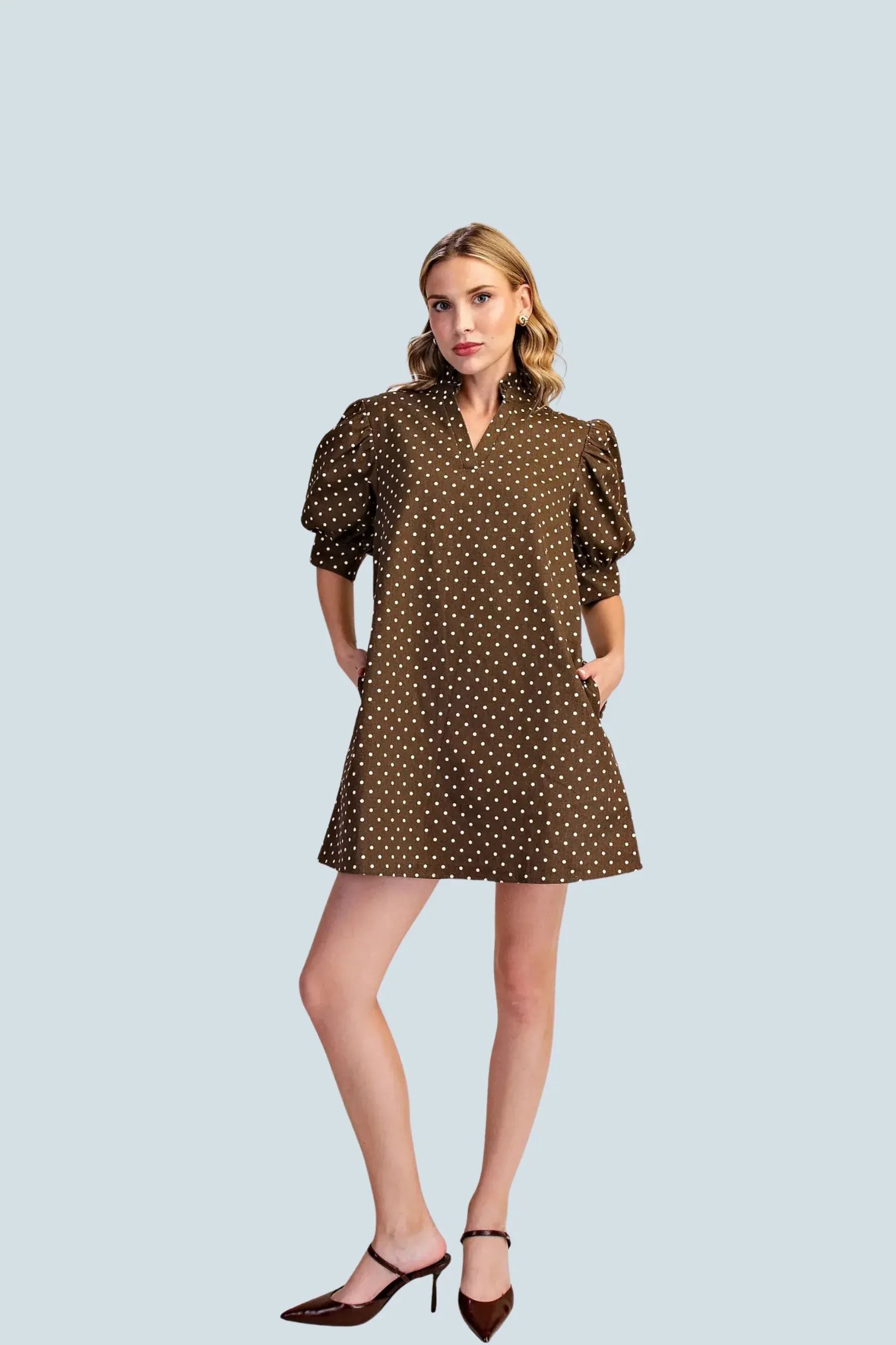eBoutike Dress Ruffle V-Neck Puff Sleeve Polka Dot Mini Dress