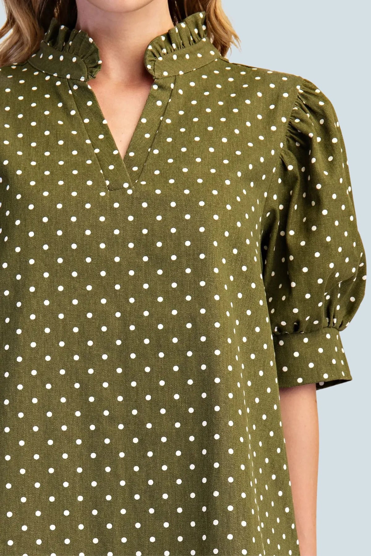 eBoutike Dress Ruffle V-Neck Puff Sleeve Polka Dot Mini Dress