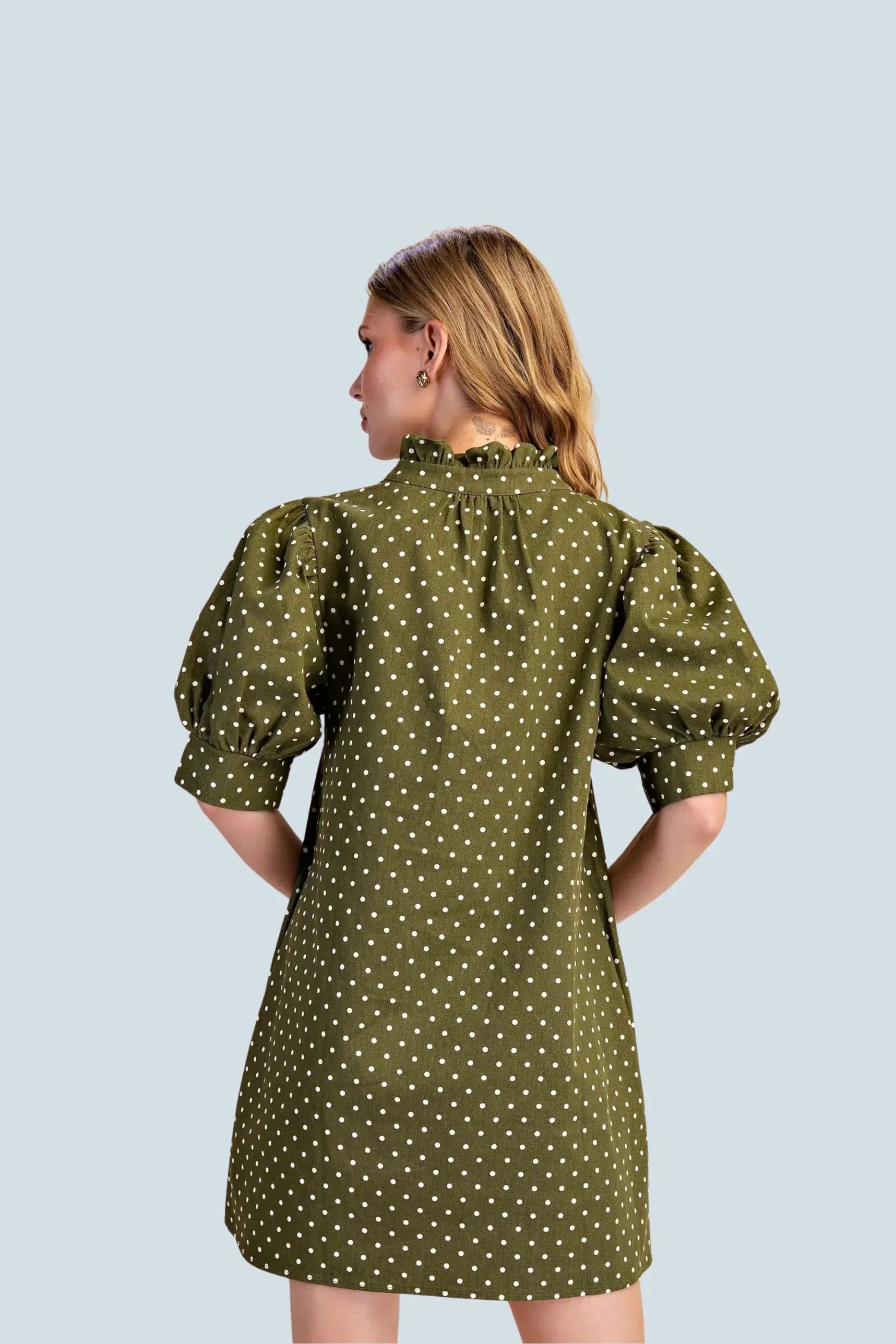 eBoutike Dress Ruffle V-Neck Puff Sleeve Polka Dot Mini Dress