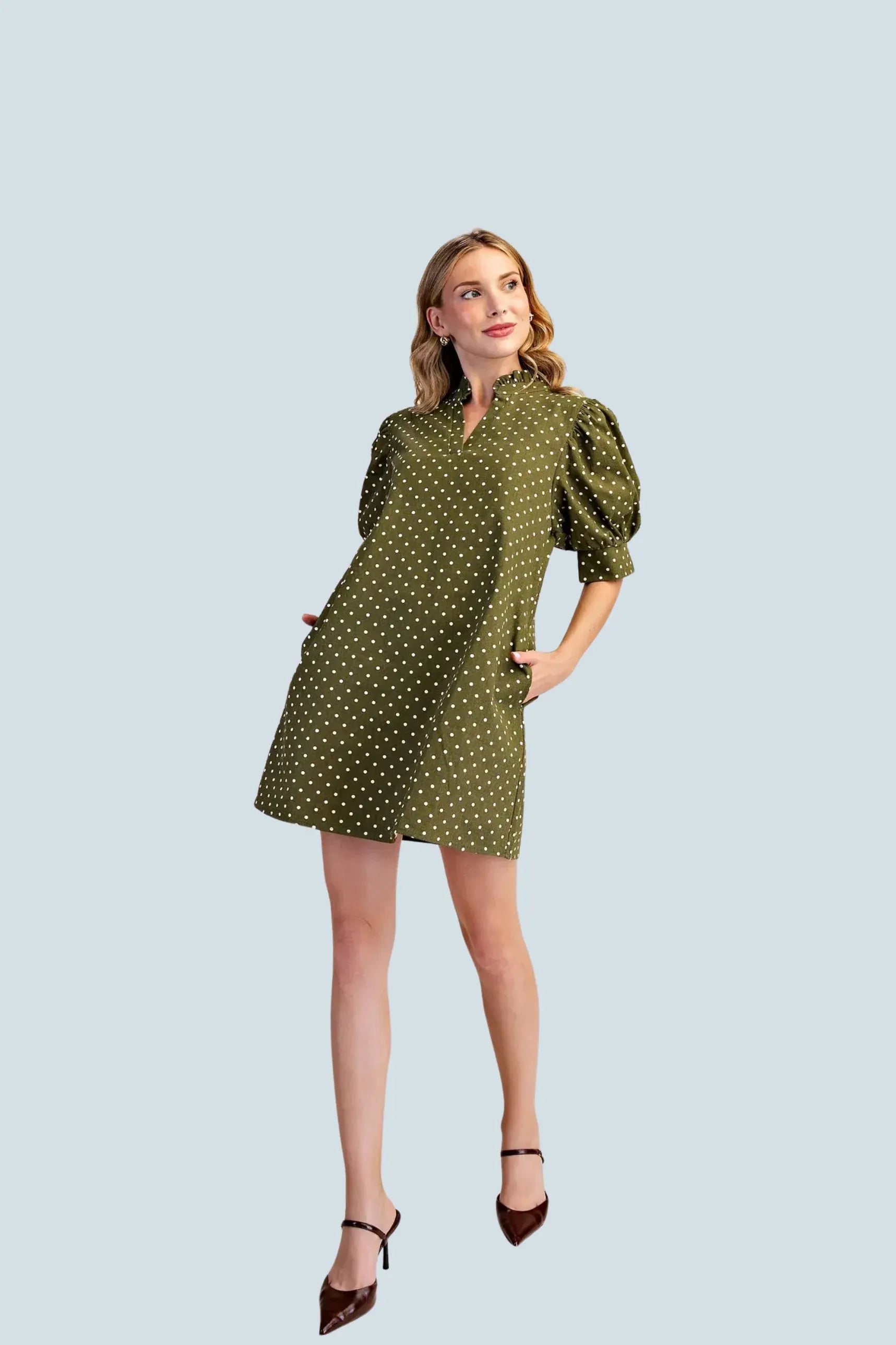 eBoutike Dress Ruffle V-Neck Puff Sleeve Polka Dot Mini Dress