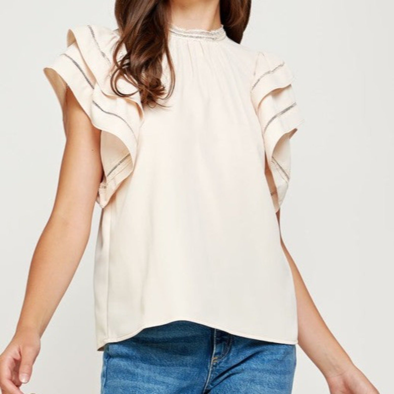 Ecru Double Layer Ruffle Sleeve Mock Neck Top - éBoutiké